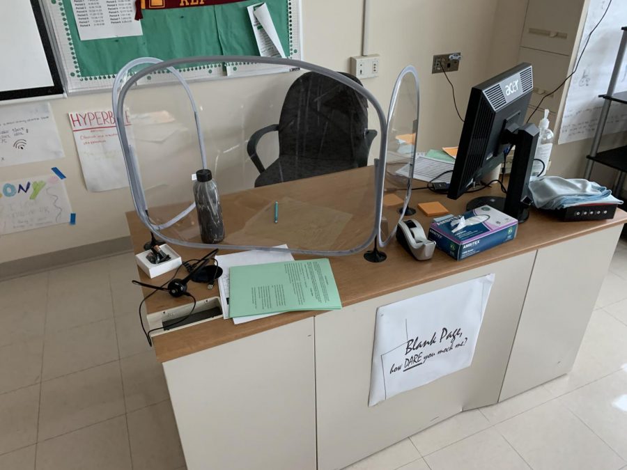 On April 12, all in-person students returned to a full eight-period schedule for the rest of the year. Teachers sit at their desks behind plastic shields in an effort to protect themselves and students who are in-person.