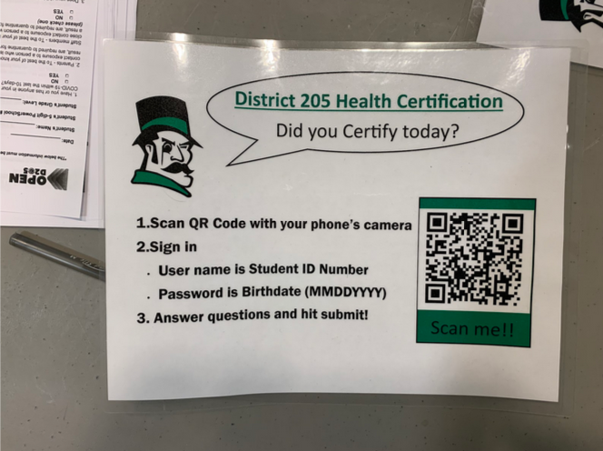 On April 12, all in-person students returned to a full eight-period schedule for the rest of the year. One of several posters on the York campus instructing students how to self-certify online. Scanning the QR code opened up the applicable Elmhurst CUSD 205 webpage where students answer a series of questions regarding COVID-19 exposure.