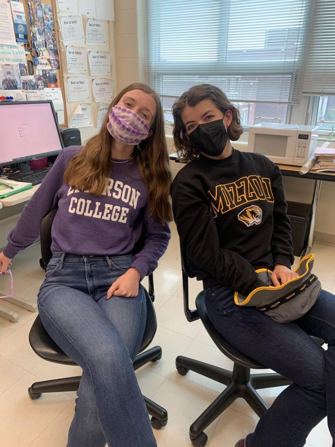 Our very own dynamic duo, CeCe Lampa and Lucy Valeski, editors-in-chief of ThisIsYork, celebrate decision day in the journalism lab.  May 3, 2021.