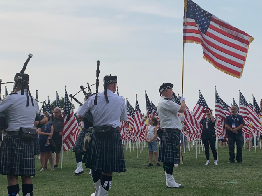 The Bagpipes & Drums of the Emerald Society, a group that specializes in musical performances for police and firefighter memorials, honors the lives lost on September 11, 2001.