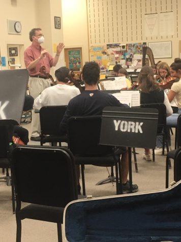 Ray Ostwald leads the Concert Orchestra through their warm up in the Orchestra Room on Oct. 5, to get themselves ready for the day’s rehearsal.