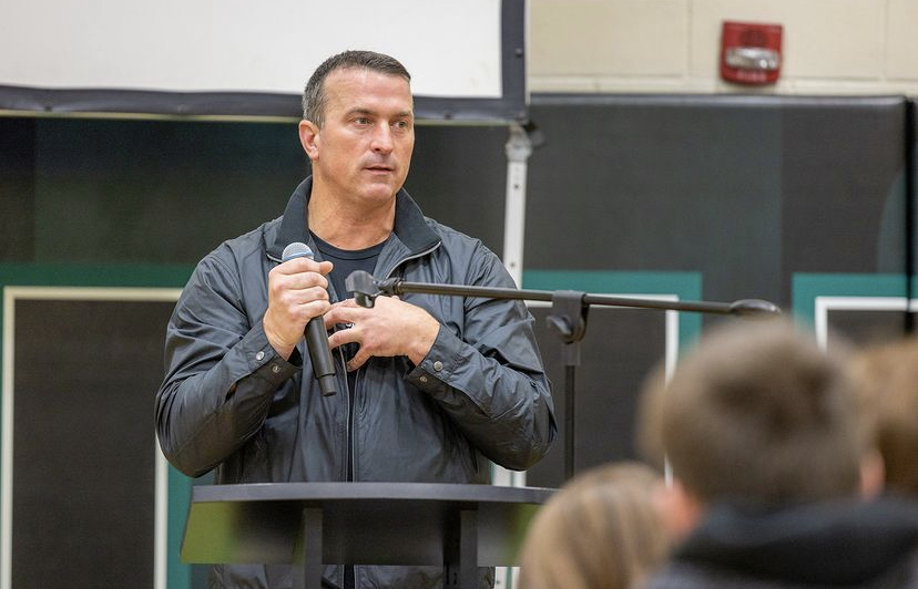Chris Herren speaking from the heart about his struggles at the all-school assembly last Wednesday. (Photo by Garret Garcia)