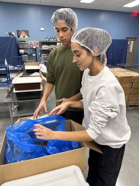 After volunteering at Feed My Starving Children, senior NHS members Maryam Ali and Brandon Felix cover the food for safekeeping.
