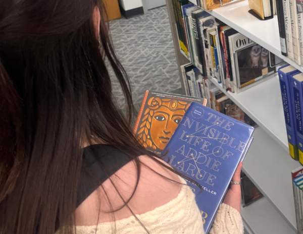 A student chooses between two of the most popular books to check out. 