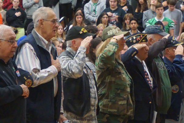 During the reciting of the pledge of allegiance, visiting veterans salute along with York students