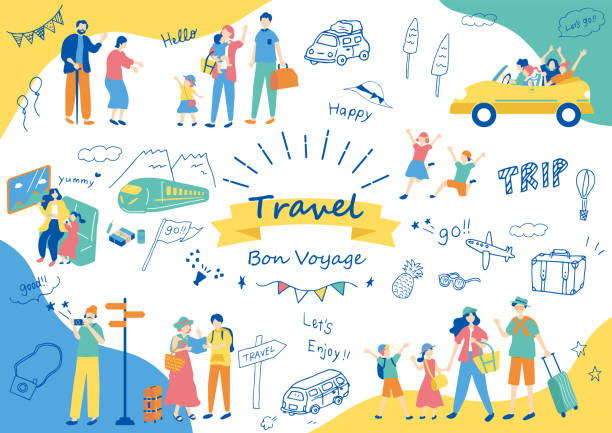 set illustration of traveling icons and people