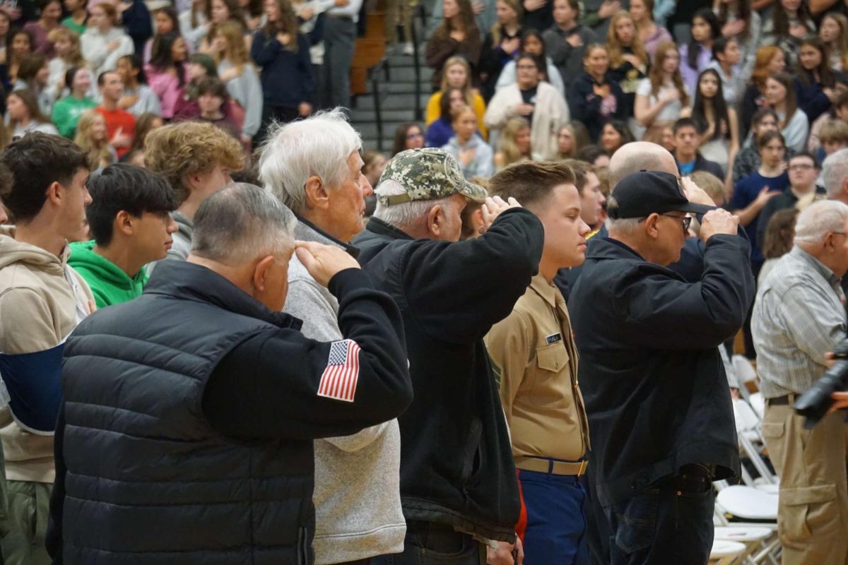 Veterans salute the flag at the start of the assembly. 